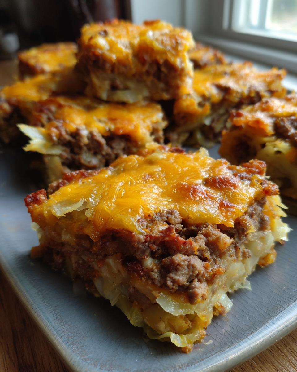 A close-up of a slice of cabbage beef bake topped with melted cheddar cheese, showing layers of ground beef and cabbage.