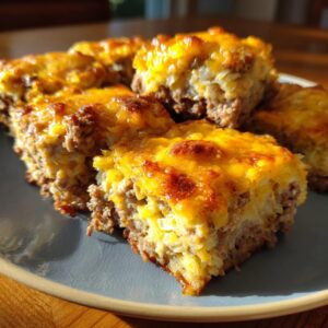 Close-up of several hearty slices of cabbage beef bake, topped with golden melted cheese.