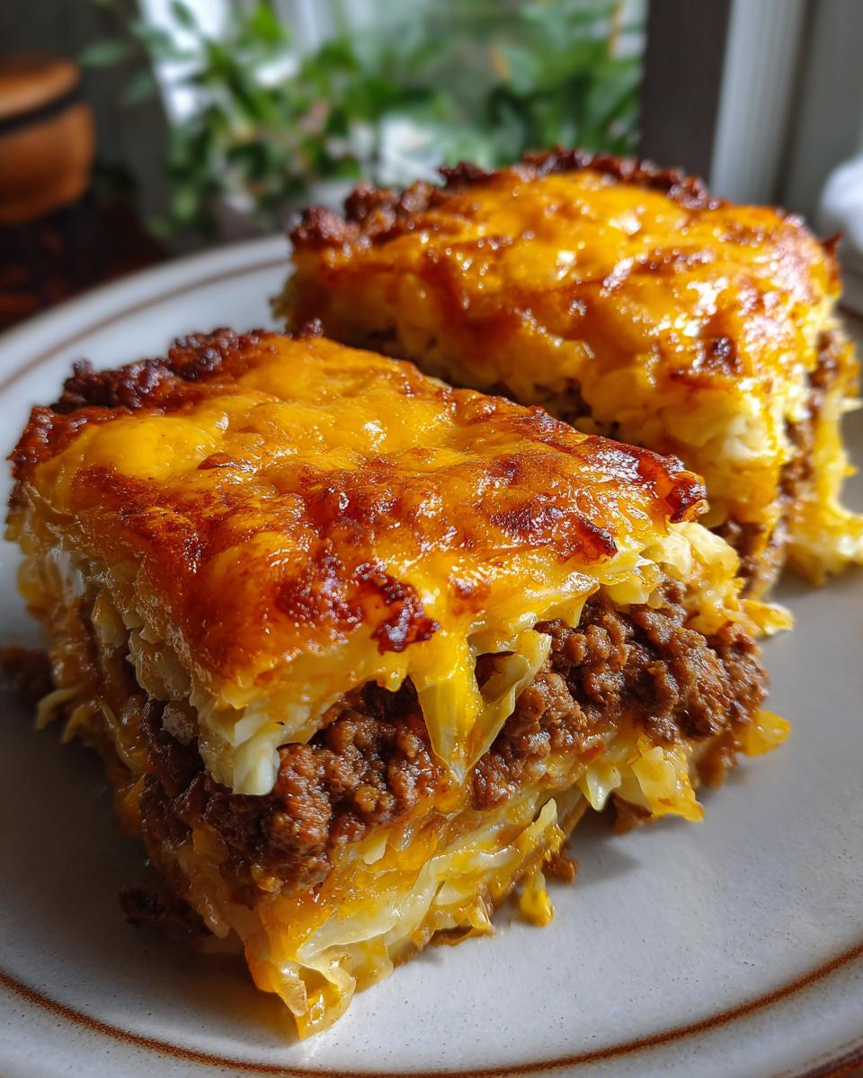 Two generous slices of cabbage beef bake on a plate, showcasing layers of ground beef, cabbage, and melted cheese.