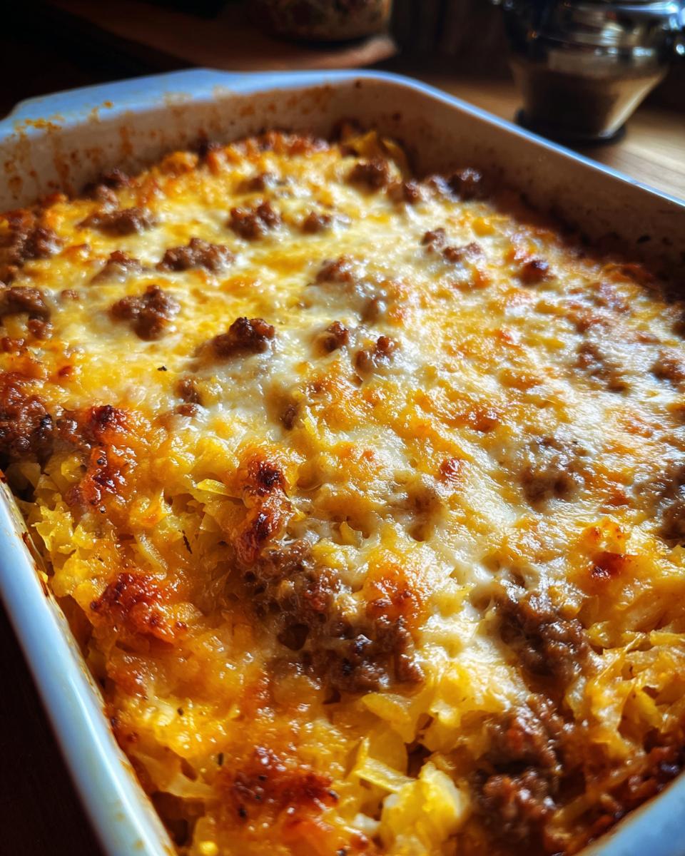 A close-up view of a baked Cajun cabbage casserole in a white dish, topped with melted cheese and seasoned ground meat.