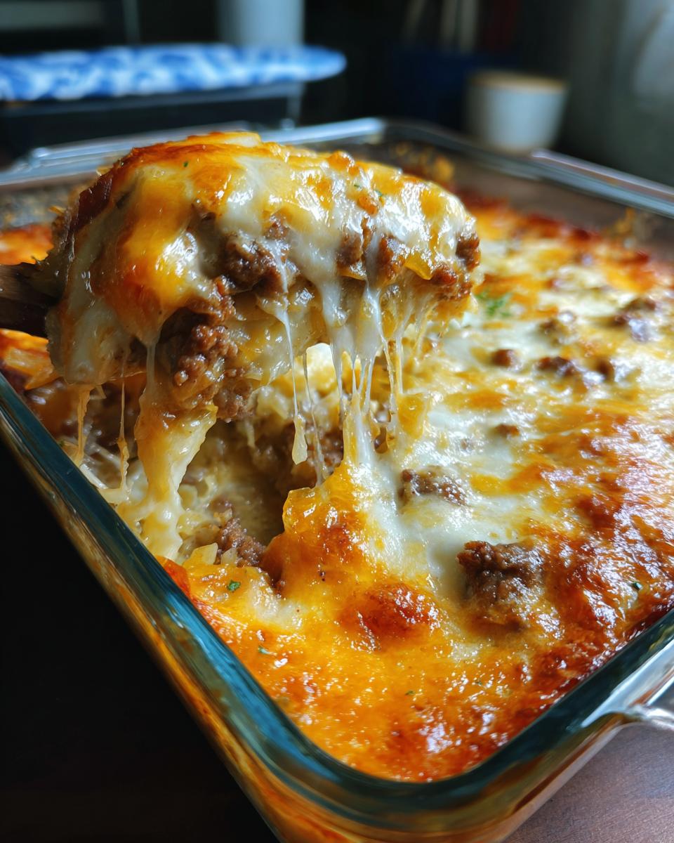 A scoop of cheesy Cajun cabbage casserole with ground beef, showing melted cheese strings.