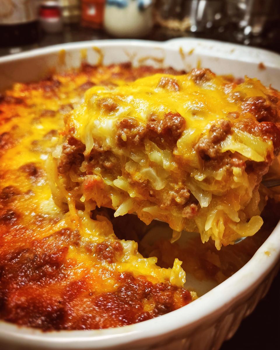 A serving spoon lifts a cheesy portion of Cajun cabbage casserole, revealing layers of ground beef and cabbage.