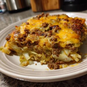 A hearty slice of Cajun cabbage casserole with ground meat and melted cheese on a plate.