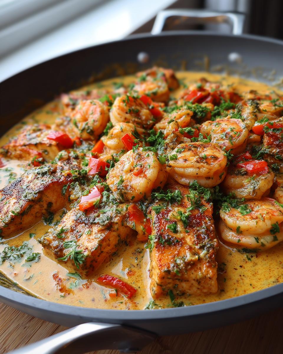 Close-up of a skillet filled with Cajun salmon and shrimp in a creamy sauce, garnished with parsley and red peppers.
