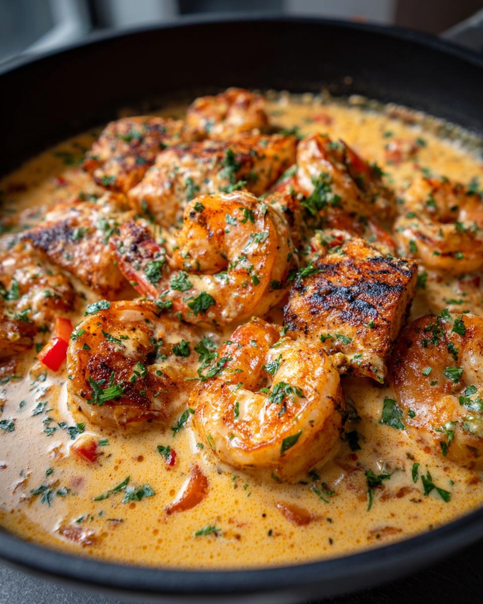 Close-up of Cajun salmon and shrimp in a creamy sauce, garnished with parsley.