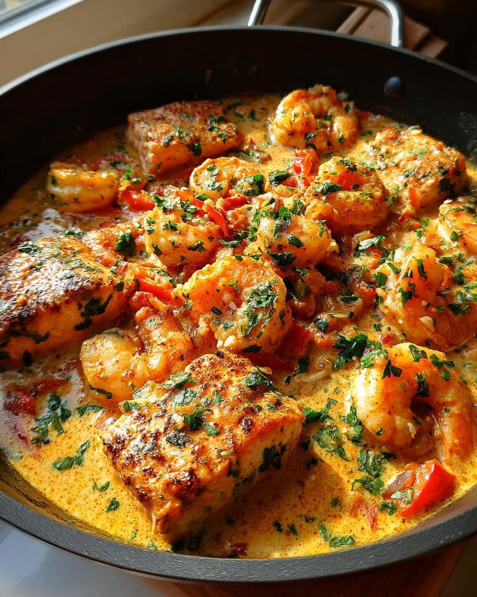 A close-up of a skillet filled with Cajun salmon and shrimp in a creamy sauce, garnished with parsley.