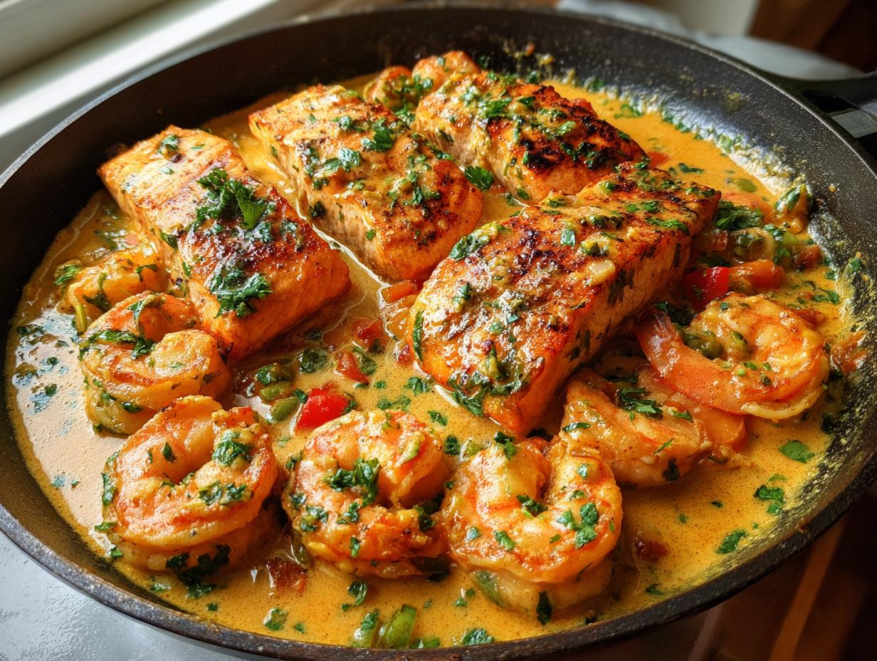 A close-up of a skillet filled with Cajun salmon and shrimp in a creamy, orange sauce, garnished with parsley.