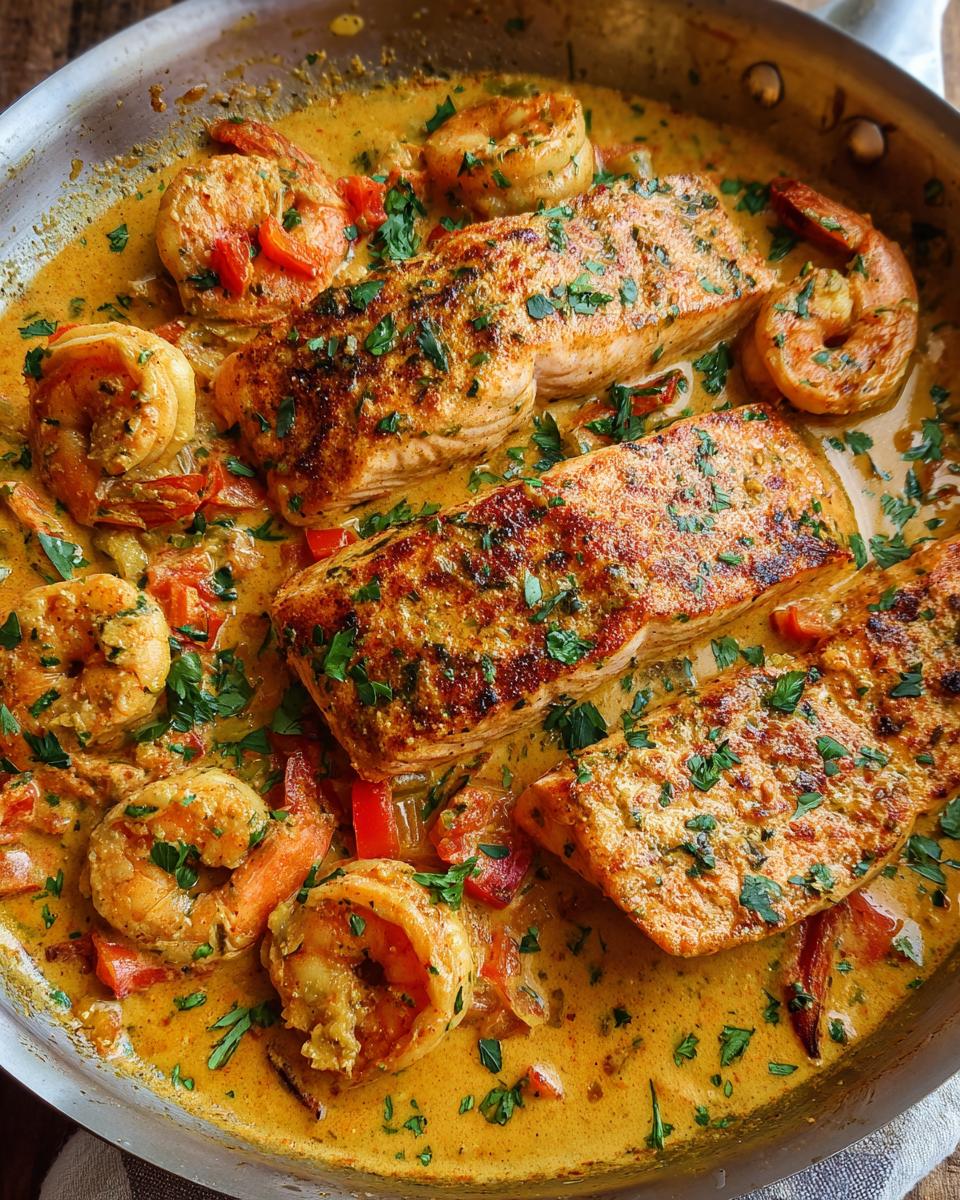 Close-up of a skillet filled with Cajun salmon and shrimp in a creamy sauce, garnished with parsley.