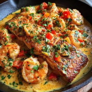 Close-up of a skillet filled with Cajun salmon and shrimp in a creamy sauce, garnished with parsley and diced tomatoes.