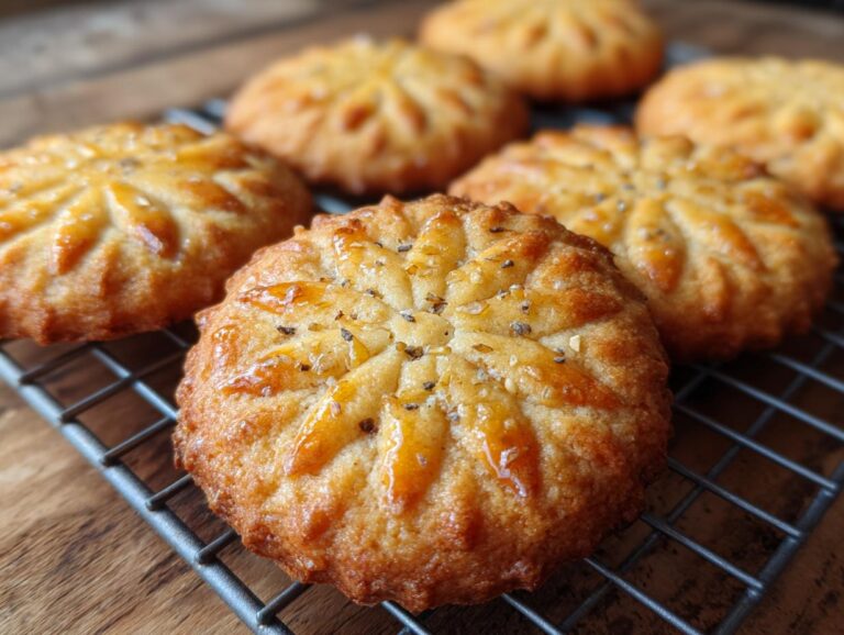 Close-up of golden brown cardamom shortbread cookies with a floral pattern, cooling on a wire rack.