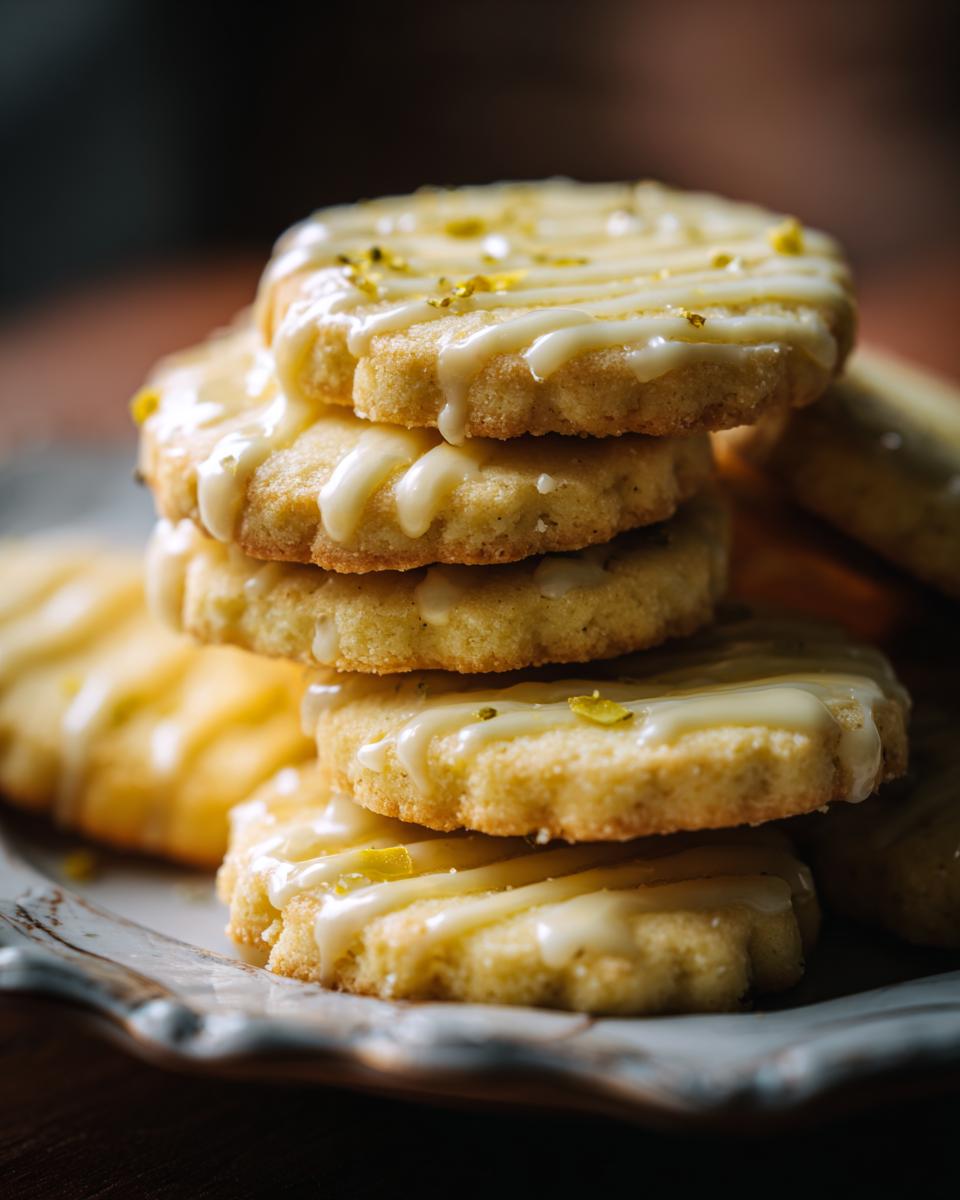 A stack of festive cardamom shortbread cookies drizzled with white glaze and sprinkled with pistachios.