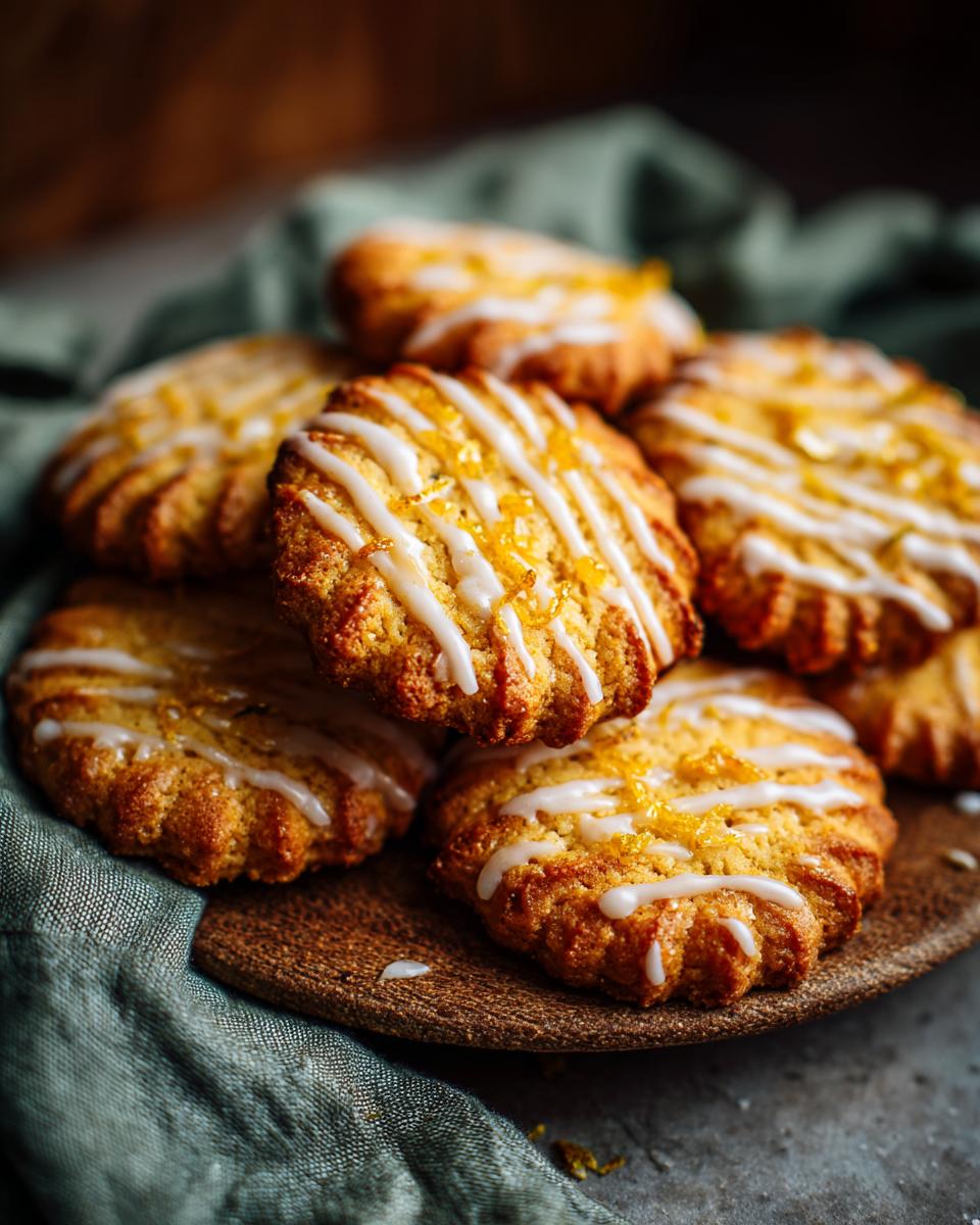 A stack of golden brown cardamom shortbread cookies drizzled with white icing and candied orange peel.