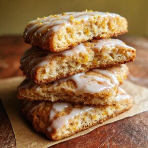 A stack of four cardamom shortbread cookies, drizzled with a white glaze and sprinkled with orange zest.