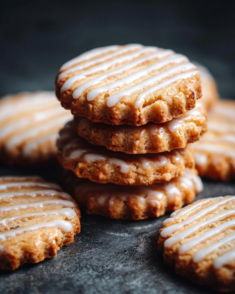 A stack of delicious cardamom shortbread cookies drizzled with white icing on a dark surface.