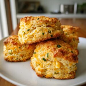 A stack of four golden-brown cheddar chive biscuits on a white plate, showing visible cheese and chives.