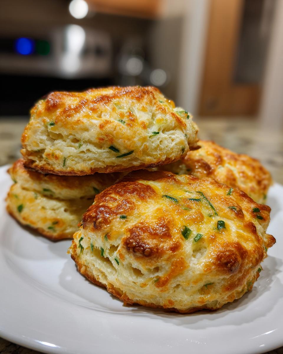 A stack of golden-brown cheddar chive biscuits, with visible cheese and chives, presented on a white plate.