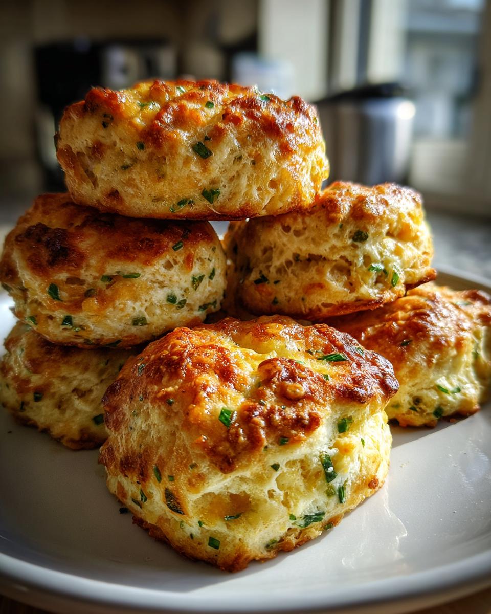A stack of golden brown cheddar chive biscuits on a white plate, showcasing their fluffy texture and visible chives.