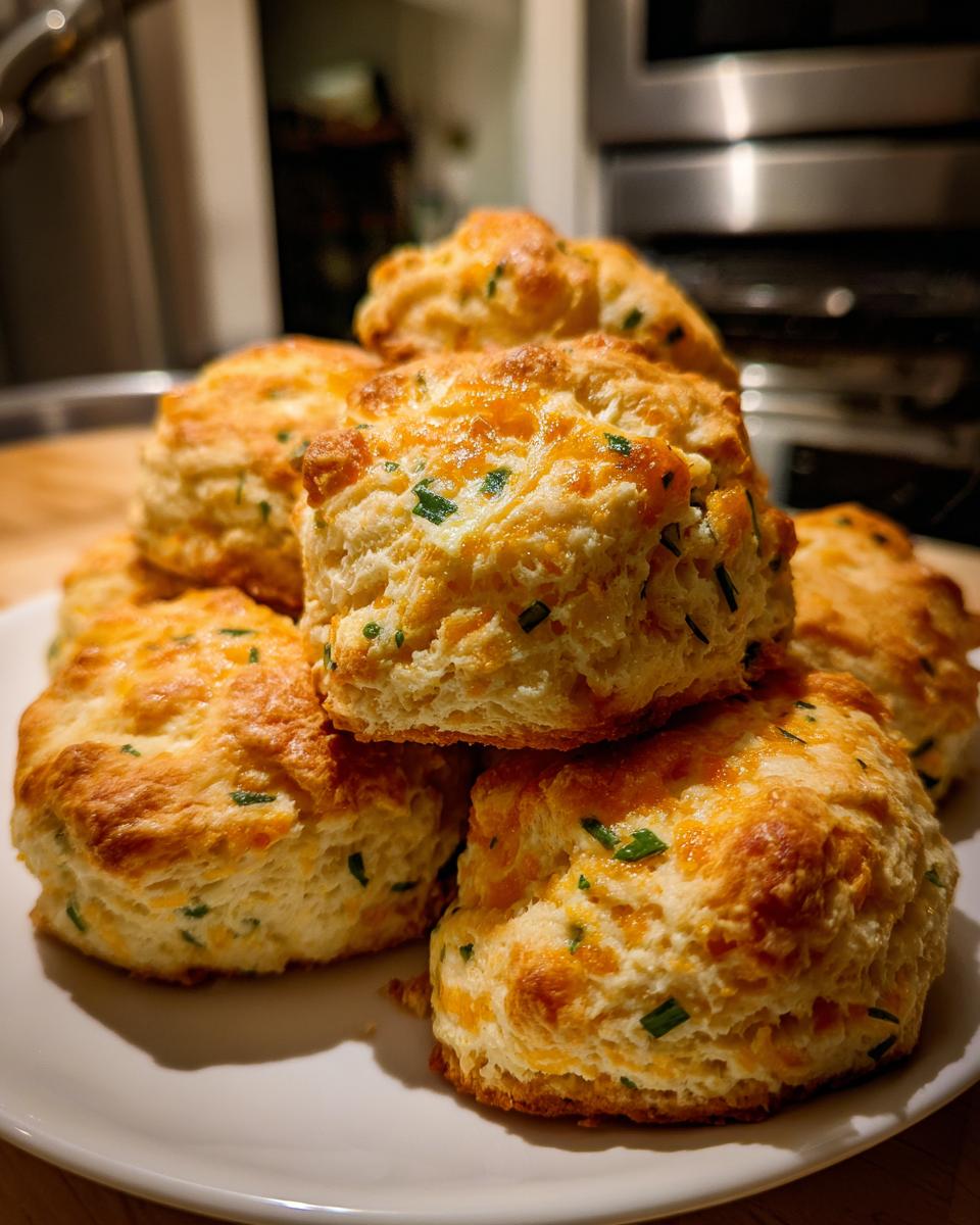 A stack of golden-brown cheddar chive biscuits, showcasing visible chunks of cheddar cheese and chopped chives.