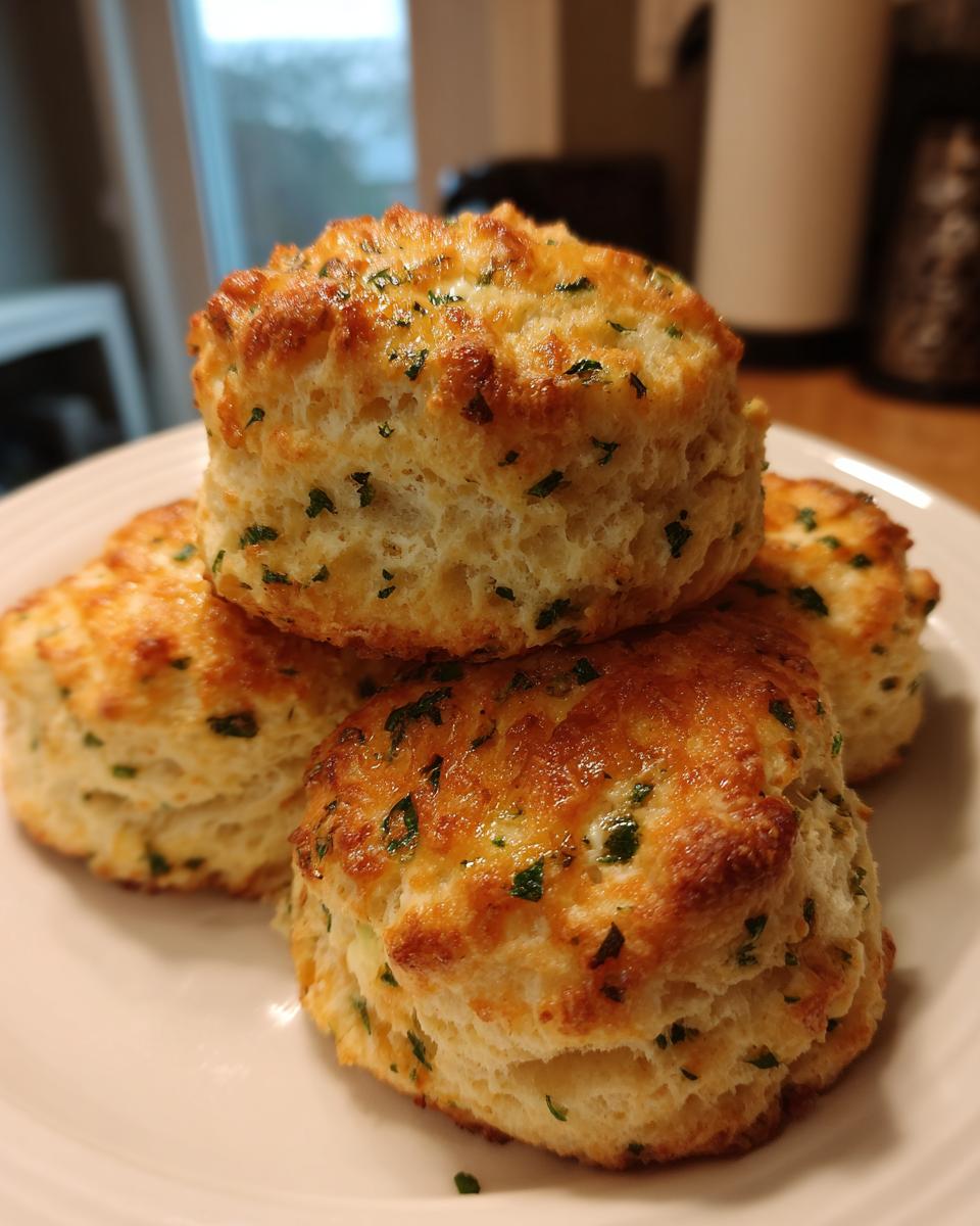 A stack of four golden-brown cheddar chive biscuits, sprinkled with fresh green chives, on a white plate.