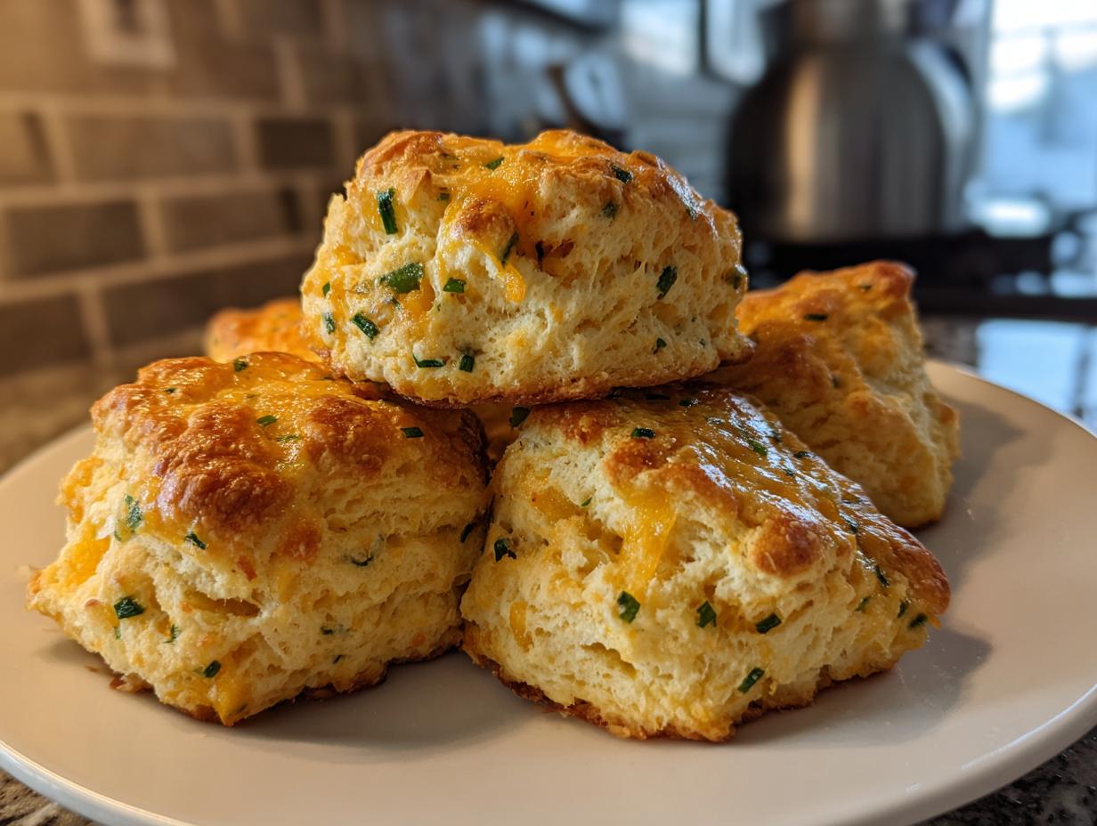 A stack of golden-brown cheddar chive biscuits, showing visible cheese and green chives.