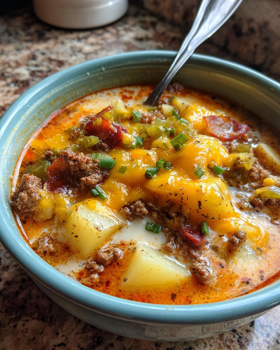 A close-up of a hearty bowl of cheeseburger soup recipe topped with melted cheddar, ground beef, and chives.