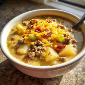 Close-up of a creamy cheeseburger soup recipe bowl, featuring ground beef, potato chunks, and shredded cheddar cheese.