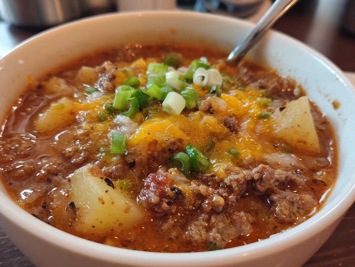 Close-up of a bowl of rich cheeseburger soup recipe, topped with melted cheddar and green onions.