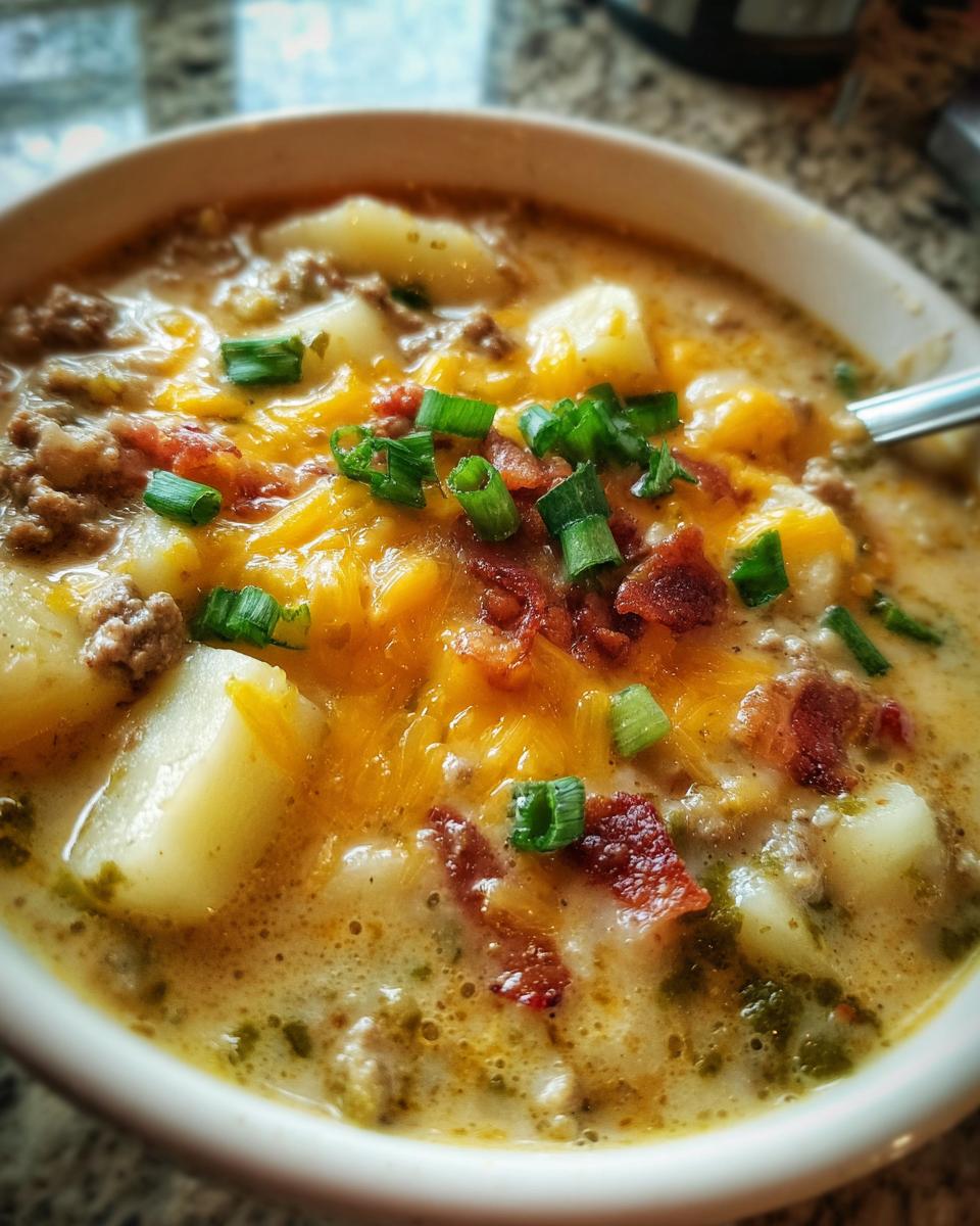Close-up of a bowl of creamy cheeseburger soup recipe, featuring chunks of potato, ground beef, melted cheddar, bacon bits, and green onions.