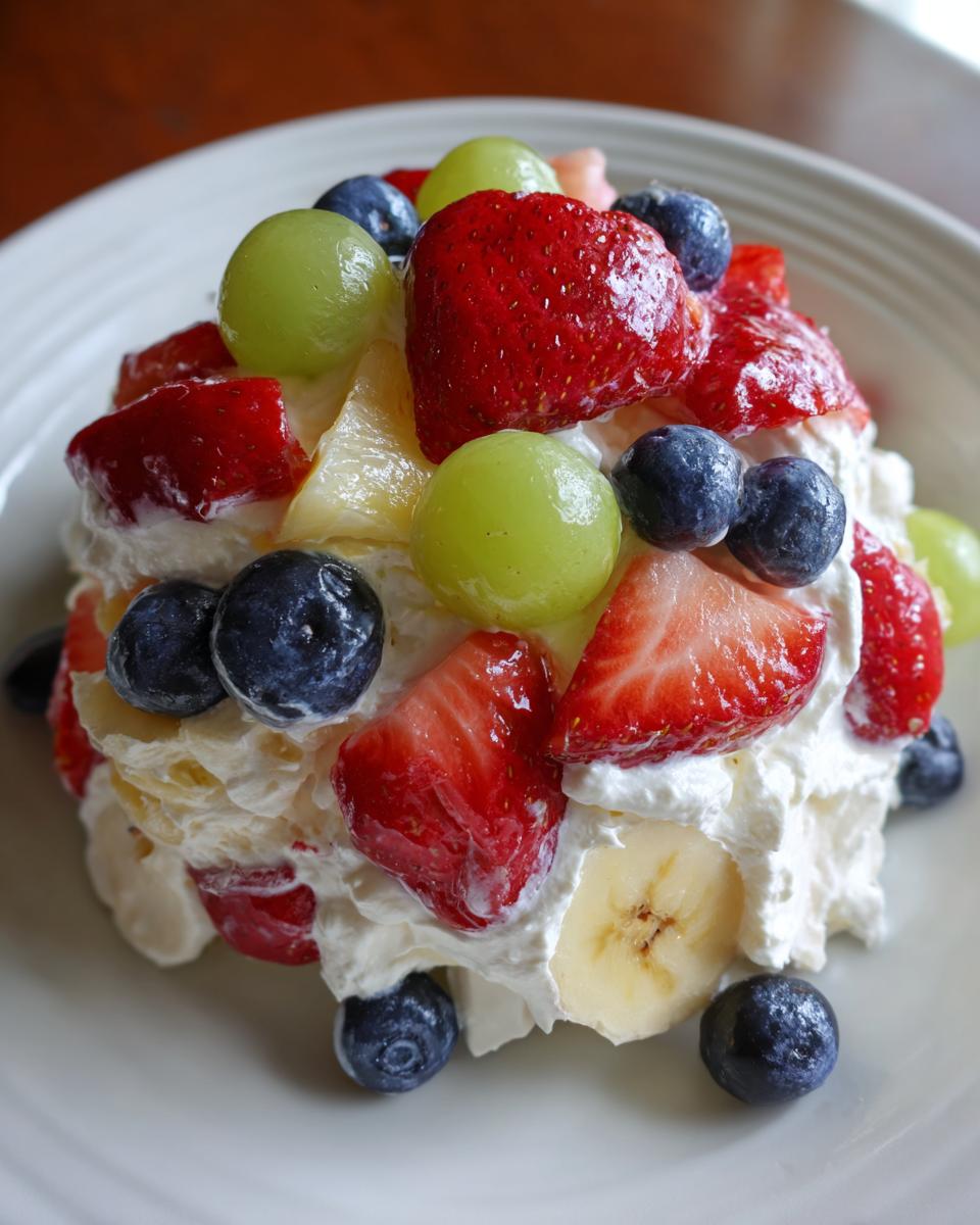 A mound of creamy cheesecake fruit salad topped generously with fresh strawberries, blueberries, green grapes, and banana slices.