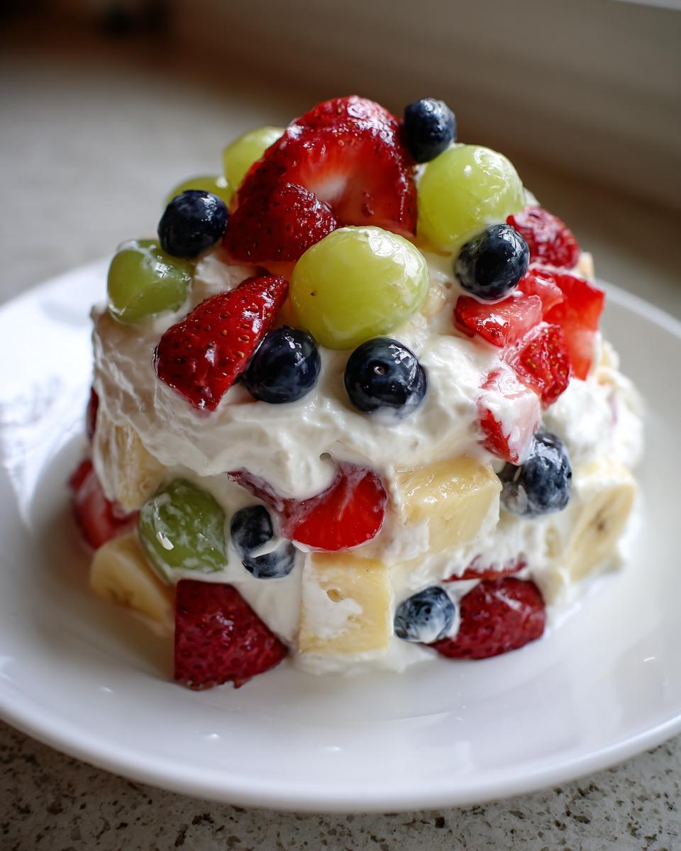 A decadent serving of cheesecake fruit salad topped with fresh strawberries, blueberries, and green grapes.
