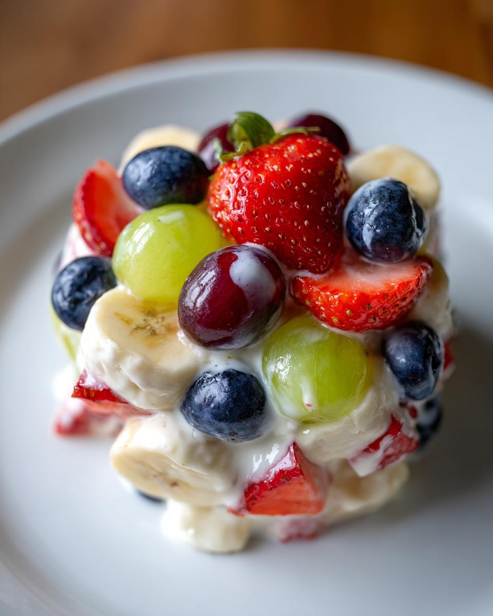 A vibrant mound of fresh fruit salad, featuring strawberries, blueberries, grapes, and bananas coated in a creamy dressing, reminiscent of a cheesecake fruit salad.