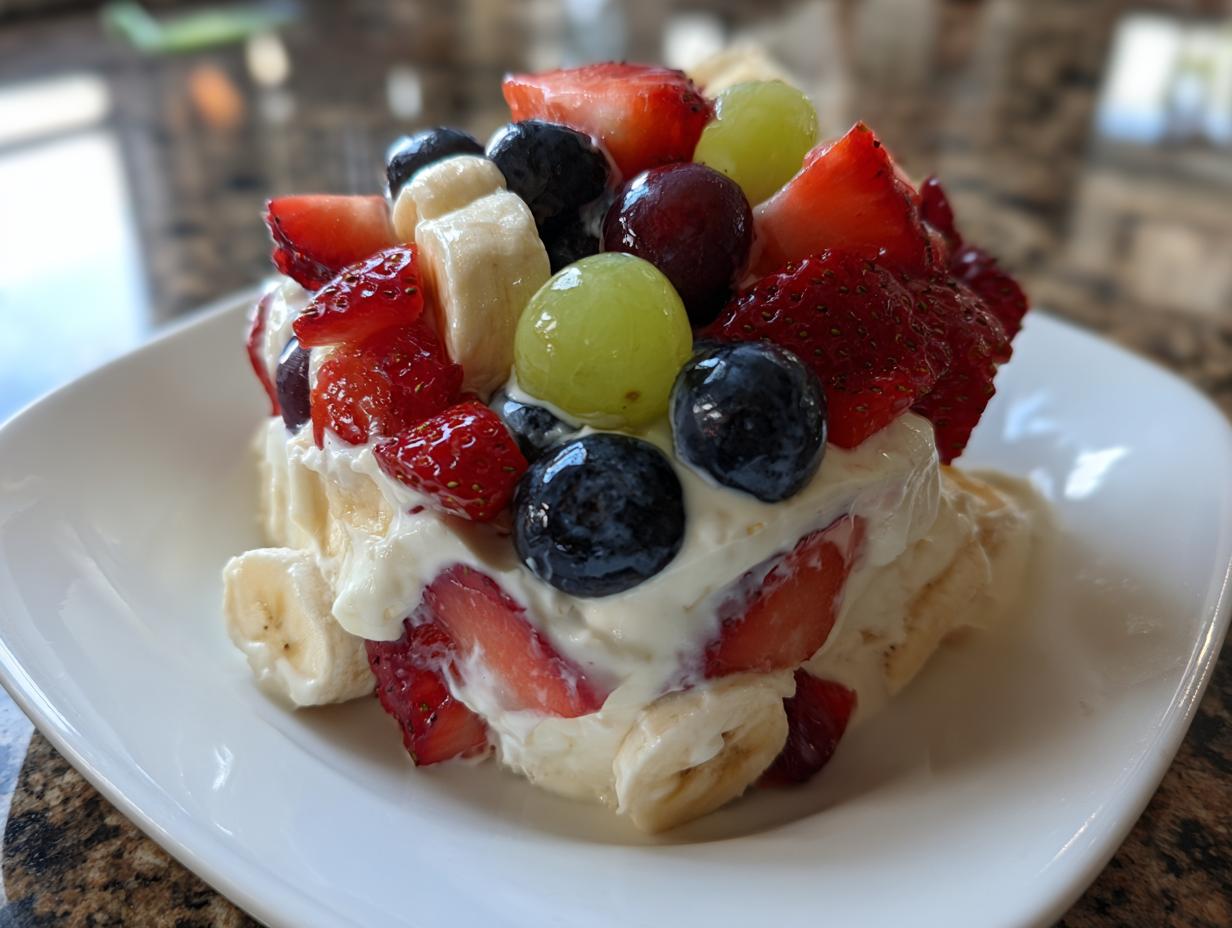 Close-up of a serving of cheesecake fruit salad topped with fresh strawberries, blueberries, grapes, and bananas.