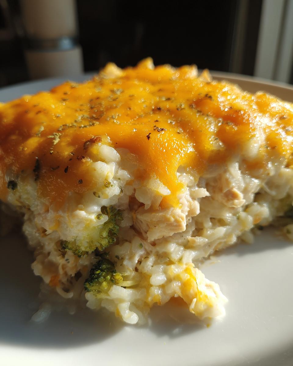 A close-up of a serving of cheesy chicken and rice casserole topped with melted cheddar cheese and herbs.