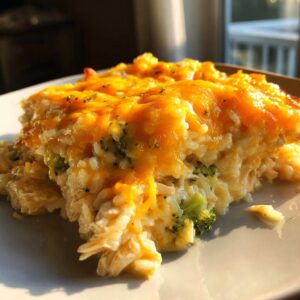 Close-up of a serving of cheesy chicken and rice casserole topped with melted cheddar cheese and parsley.