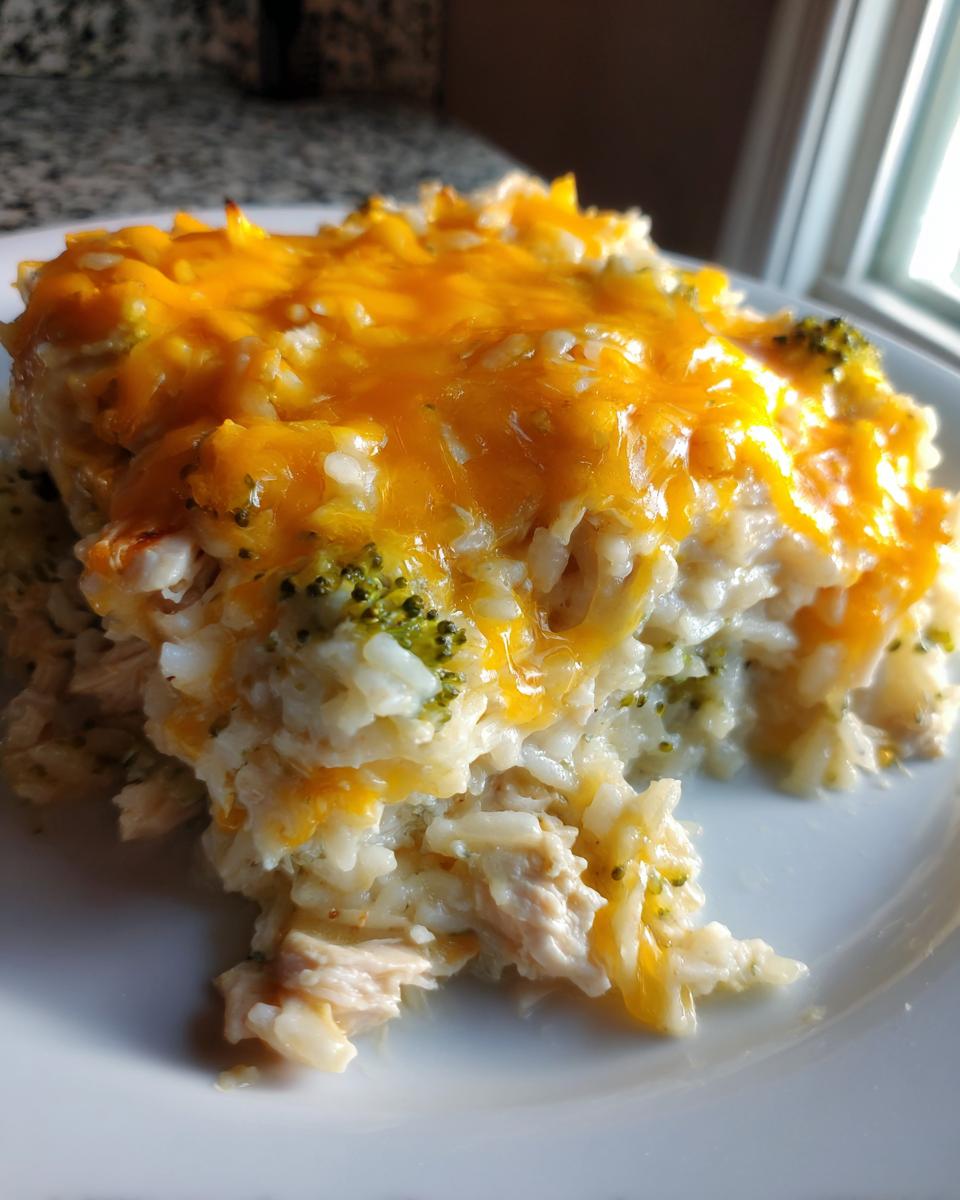 A close-up serving of cheesy chicken and rice casserole topped with melted cheddar cheese and visible broccoli florets.