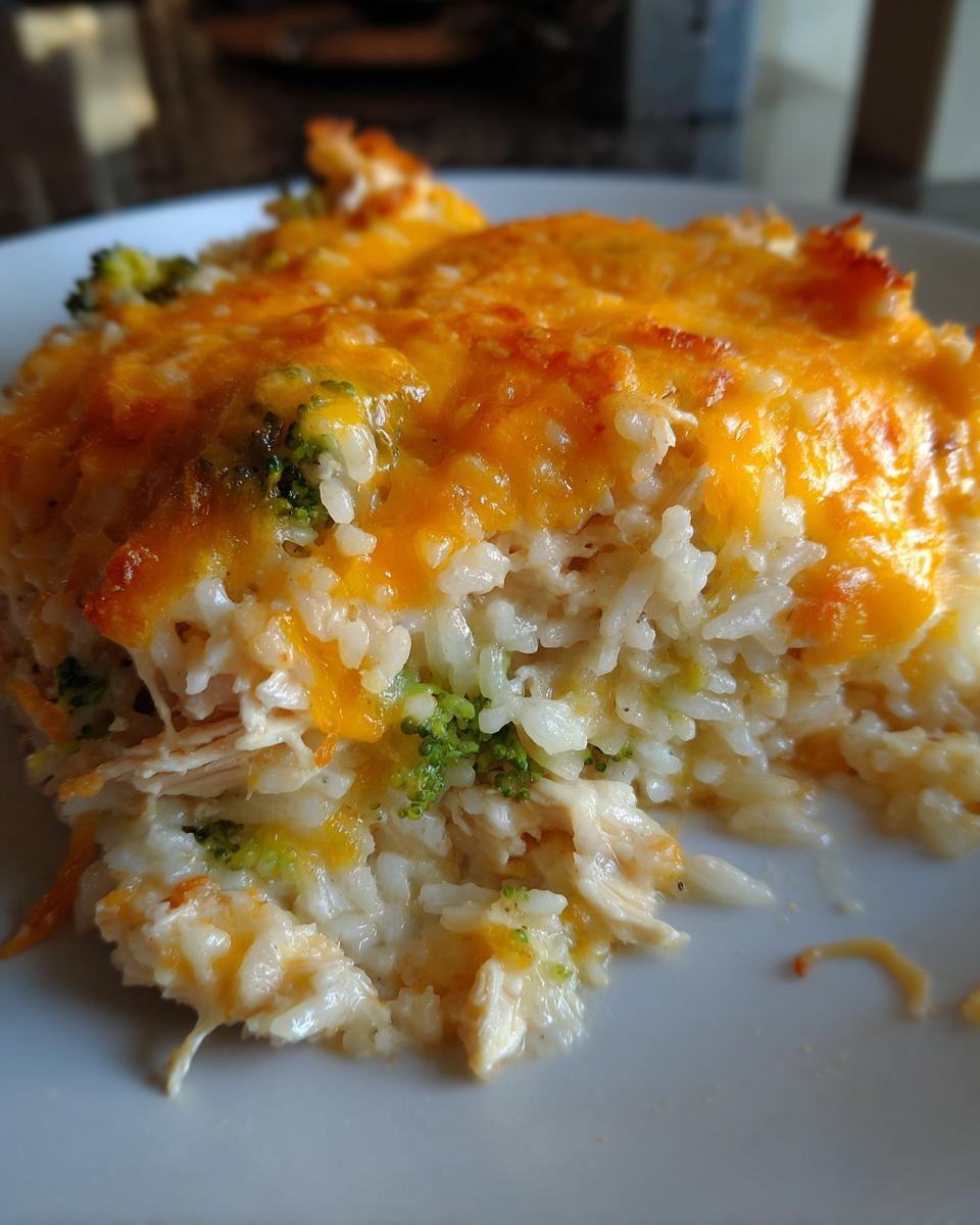 Close-up of a serving of cheesy chicken and rice casserole mixed with broccoli florets.