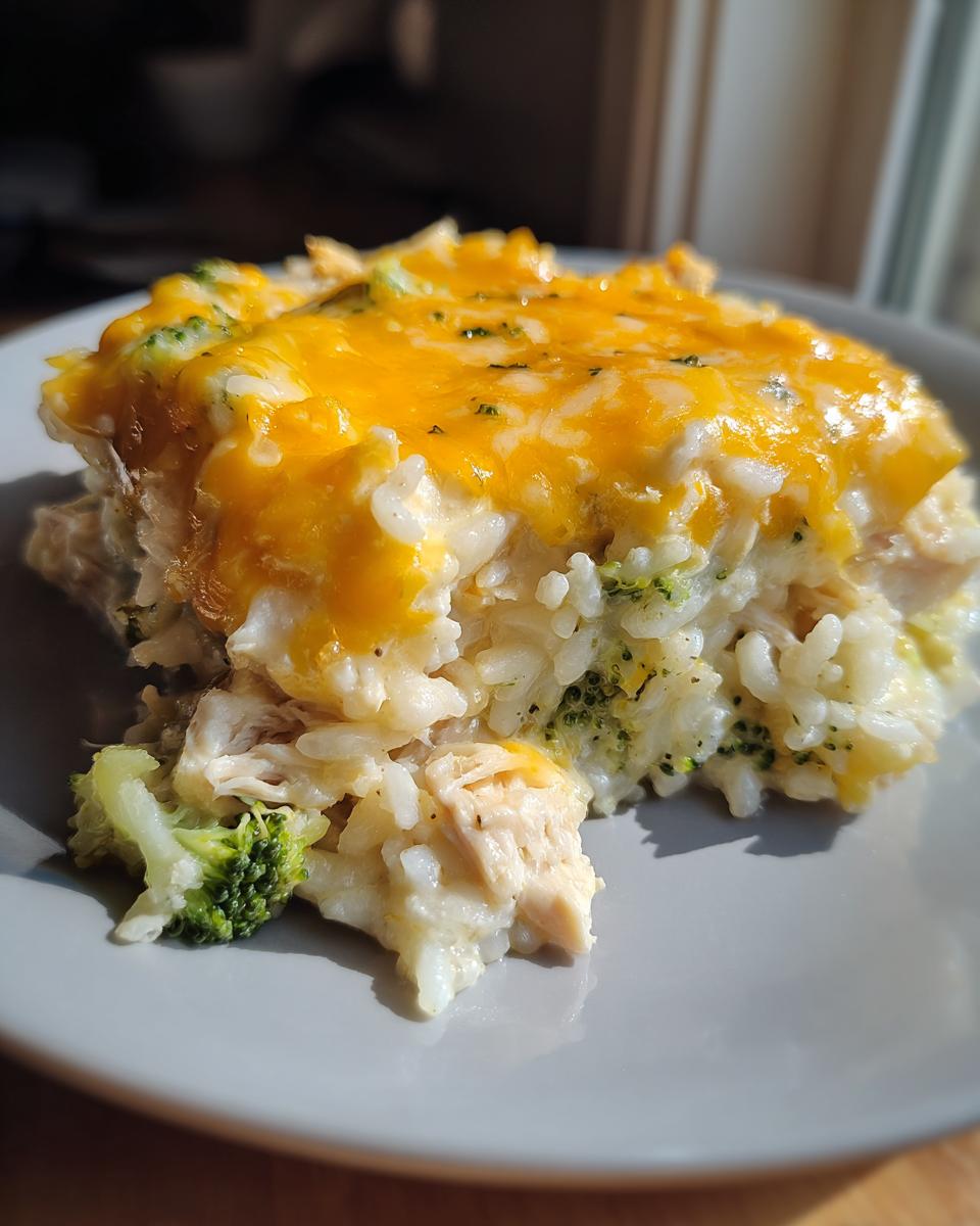 A close-up serving of cheesy chicken and rice casserole topped with melted cheddar cheese and mixed with broccoli florets.