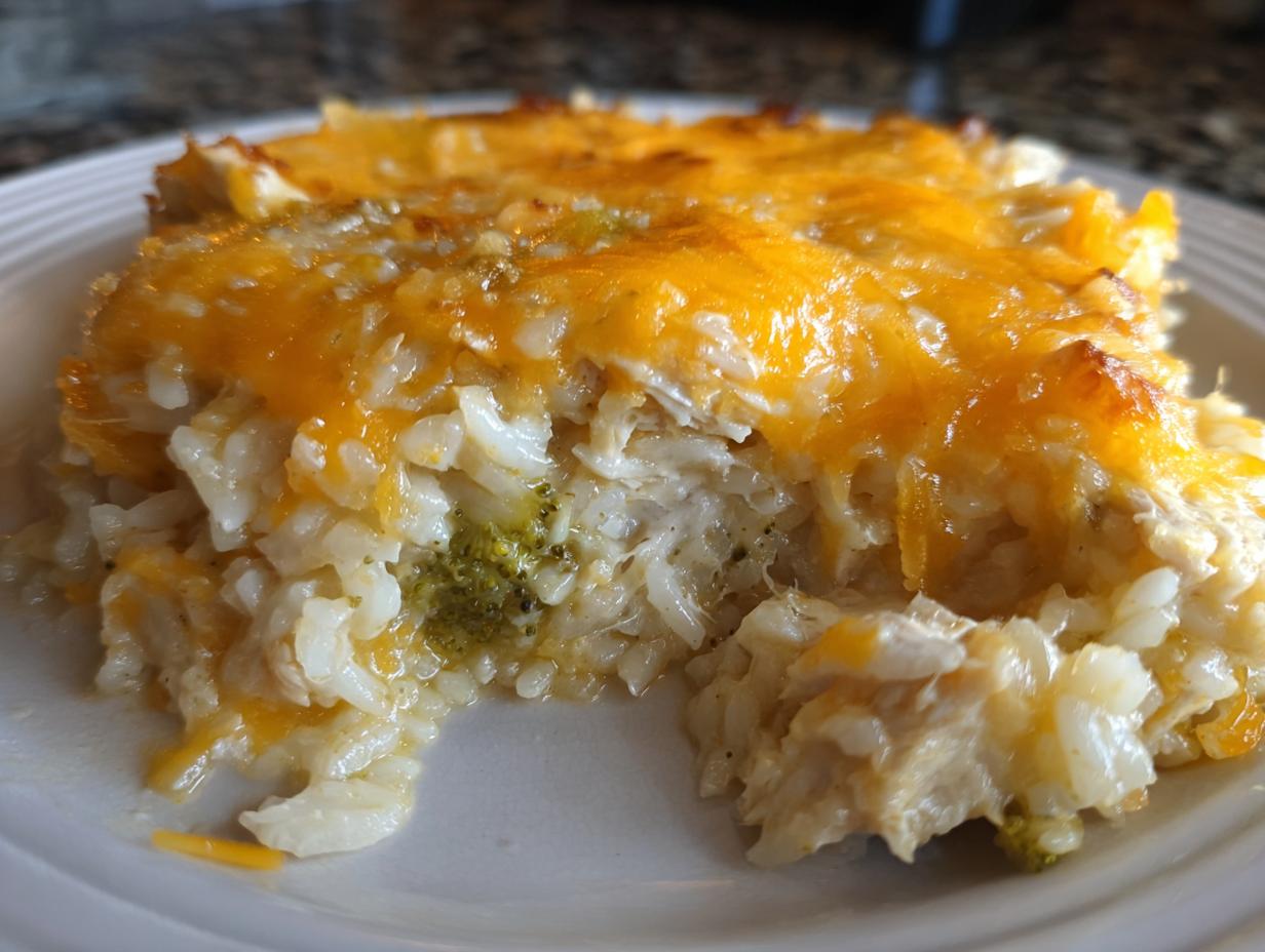 Close-up of a scoop of cheesy chicken and rice casserole topped with melted cheddar cheese, showing rice and broccoli pieces.