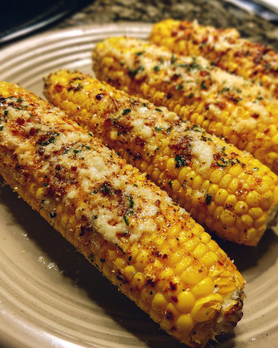 Close-up of four ears of Cheesy Garlic Butter Corn on the Cob, sprinkled with herbs and spices.