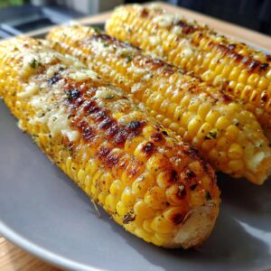Close-up of three grilled cheesy garlic butter corn on the cob ears on a gray plate, sprinkled with herbs.