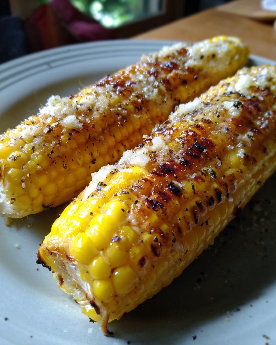 Close-up of two ears of cheesy garlic butter corn on the cob, grilled to perfection with melted butter and cheese.
