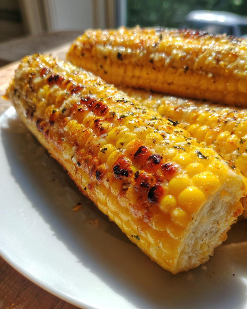 Close-up of grilled cheesy garlic butter corn on the cob, with visible char marks and herbs.