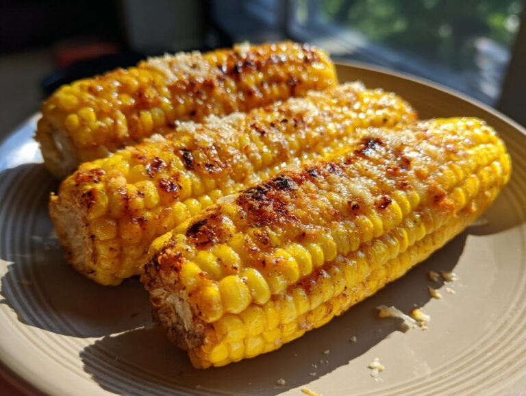 Close-up of three grilled cheesy garlic butter corn on the cob ears on a plate, with golden kernels and melted cheese.
