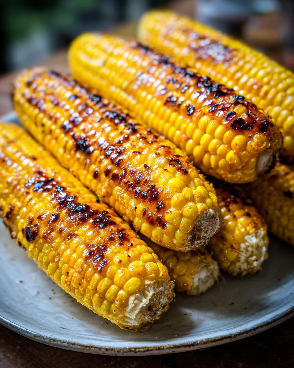 Close-up of grilled cheesy garlic butter corn on the cob, with charred kernels and a golden hue.