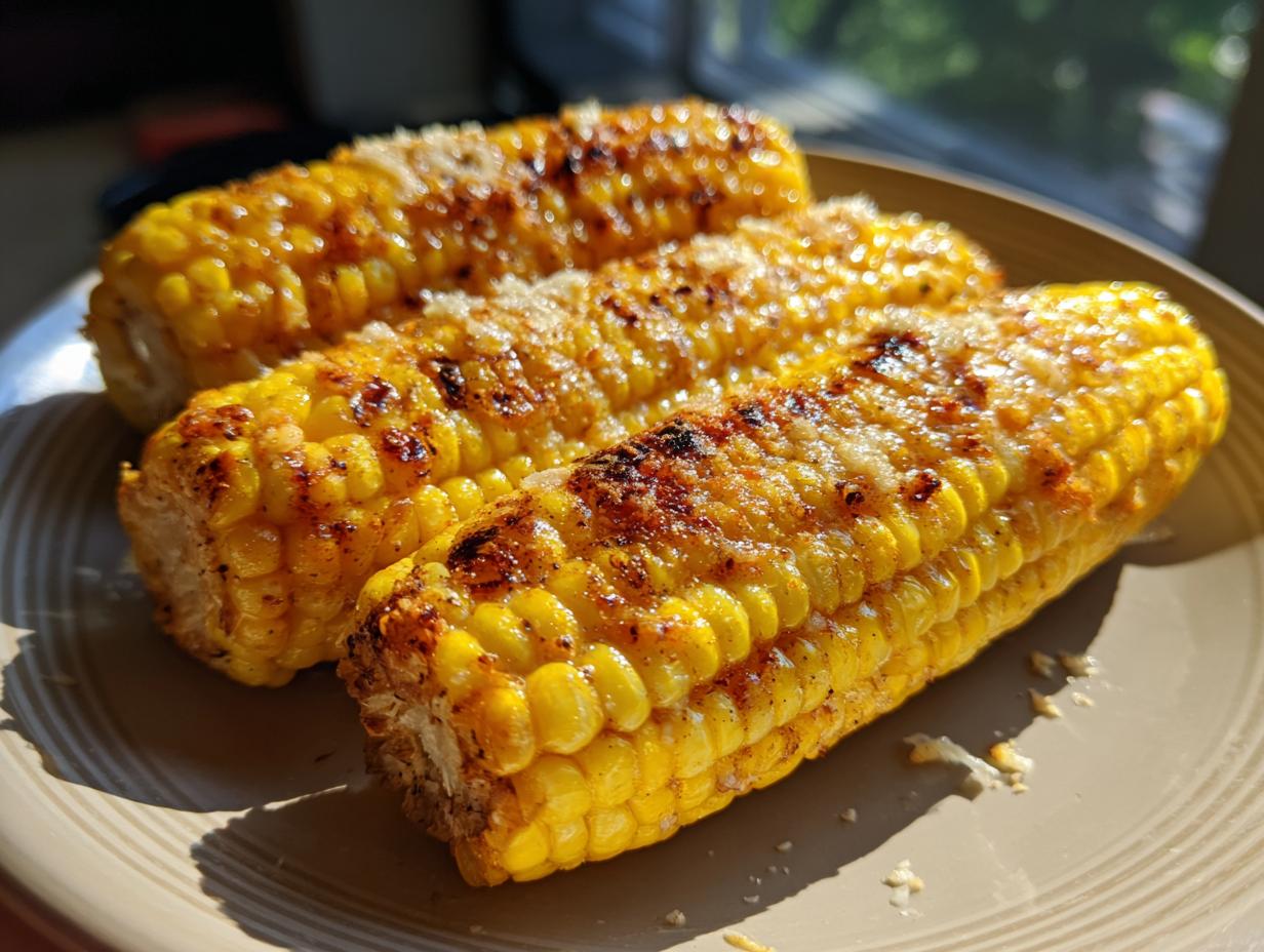 Close-up of three grilled cheesy garlic butter corn on the cob ears on a plate, with golden kernels and melted cheese.