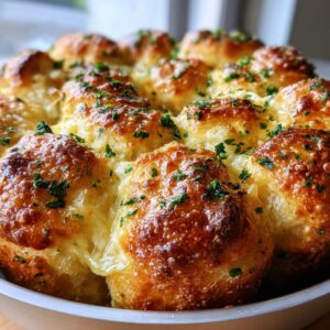 Close-up of golden brown, baked cheesy garlic rolls topped with fresh parsley.