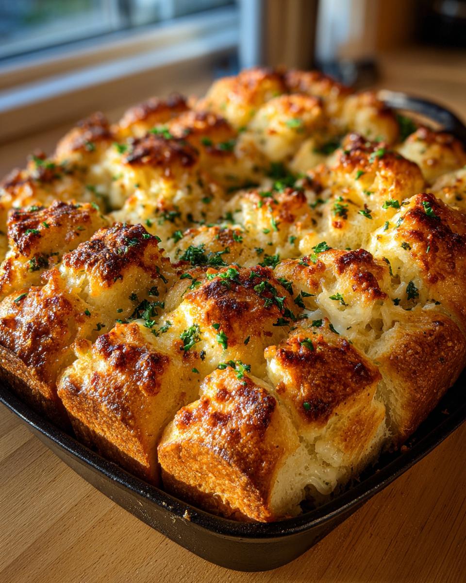 Close-up of golden brown, pull-apart cheesy garlic rolls baked in a dark pan, sprinkled with fresh parsley.