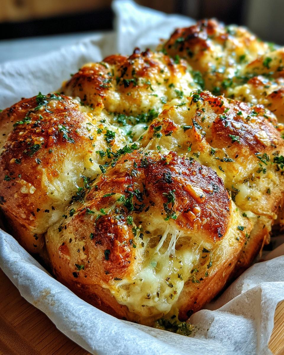 Close-up of golden brown cheesy garlic rolls topped with fresh parsley, with melted cheese oozing out.