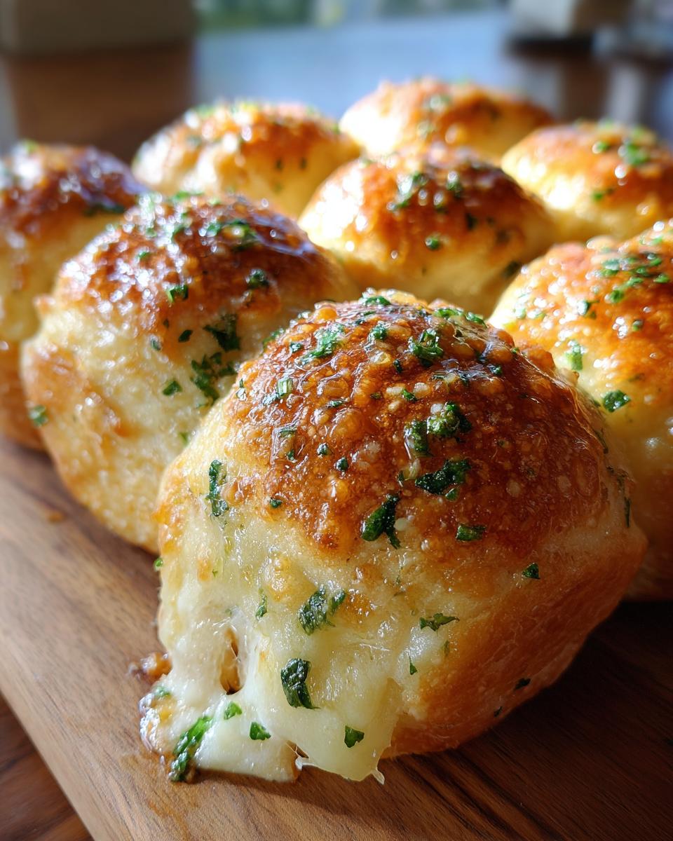 Close-up of freshly baked cheesy garlic rolls, with melted cheese oozing out and sprinkled with parsley.