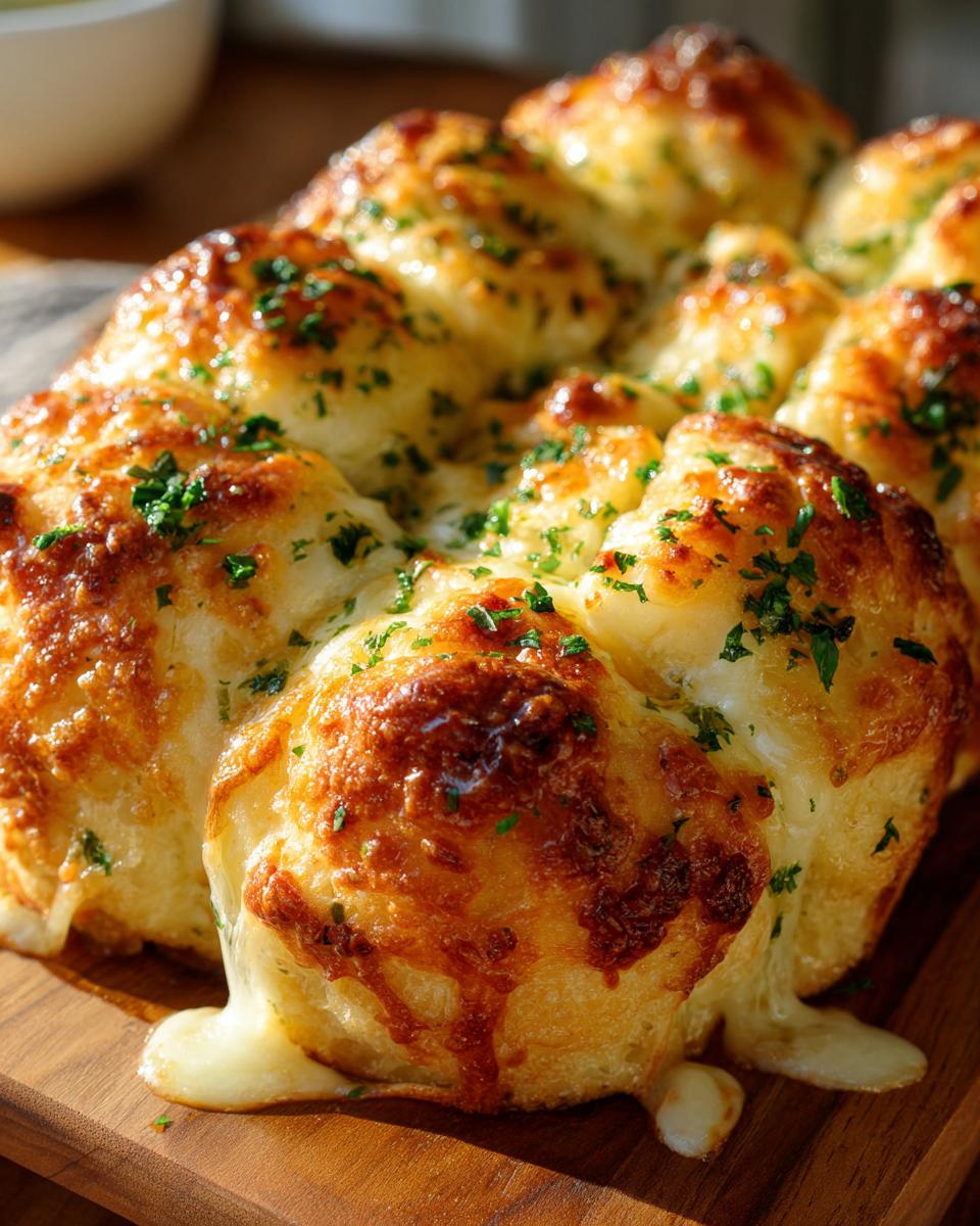 Close-up of golden brown cheesy garlic rolls with melted cheese oozing out and sprinkled with parsley.